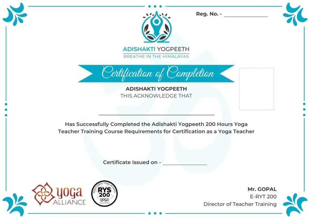 Adishakti Yogpeeth 200 hour Yoga Alliance Certificate